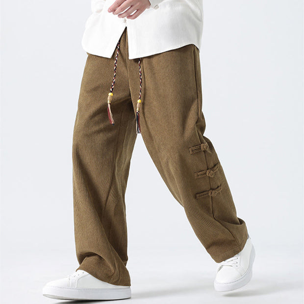 Buddha Stones Plain Drawstring Chinese Frog-Button Design Men's Corduroy Pants With Pockets - image 2