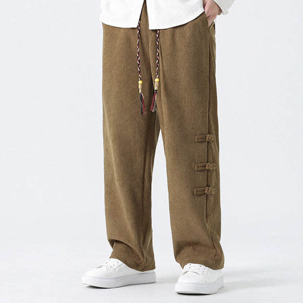 Buddha Stones Plain Drawstring Chinese Frog-Button Design Men's Corduroy Pants With Pockets - image 7