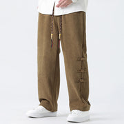 Buddha Stones Plain Drawstring Chinese Frog-Button Design Men's Corduroy Pants With Pockets - image 3