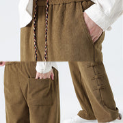 Buddha Stones Plain Drawstring Chinese Frog-Button Design Men's Corduroy Pants With Pockets - image 10