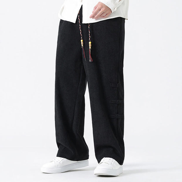 Buddha Stones Plain Drawstring Chinese Frog-Button Design Men's Corduroy Pants With Pockets - image 16