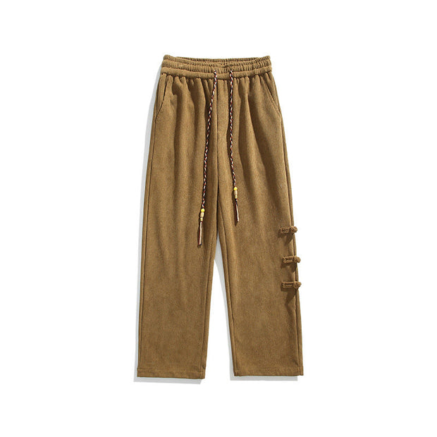 Buddha Stones Plain Drawstring Chinese Frog-Button Design Men's Corduroy Pants With Pockets - image 11