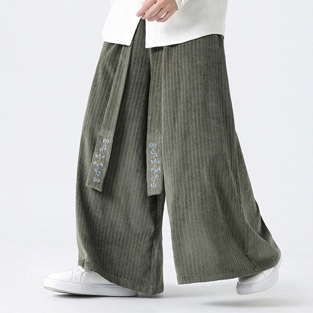 Buddha Stones Casual Embroidery Drawstring Design Men's Corduroy Wide Leg Pants With Pockets - image 4