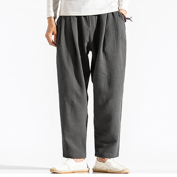Buddha Stones Casual Pure Color Men's Jacquard Cotton Linen Harem Pants With Pockets - image 8