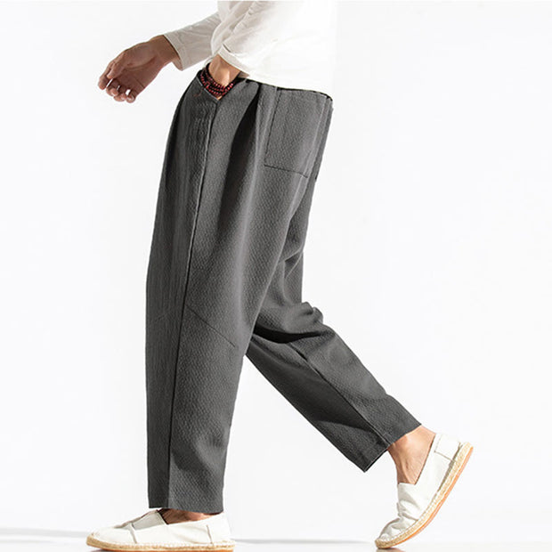 Buddha Stones Casual Pure Color Men's Jacquard Cotton Linen Harem Pants With Pockets - image 9