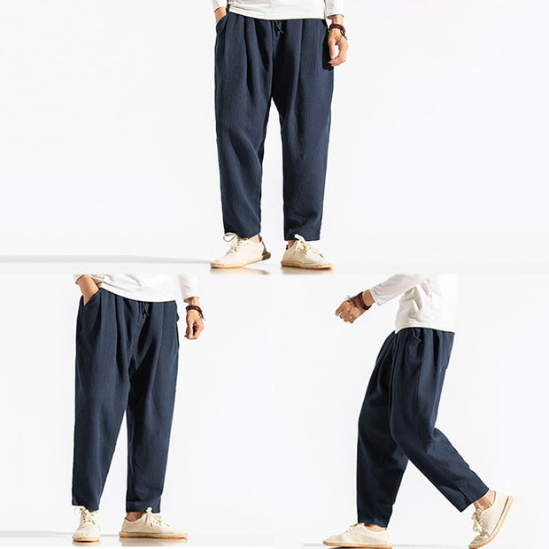 Buddha Stones Casual Pure Color Men's Jacquard Cotton Linen Harem Pants With Pockets - image 20