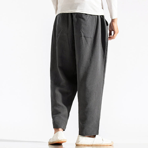Buddha Stones Casual Pure Color Men's Jacquard Cotton Linen Harem Pants With Pockets - image 12