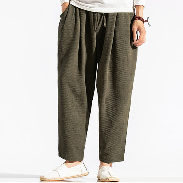 Buddha Stones Casual Pure Color Men's Jacquard Cotton Linen Harem Pants With Pockets - image 4