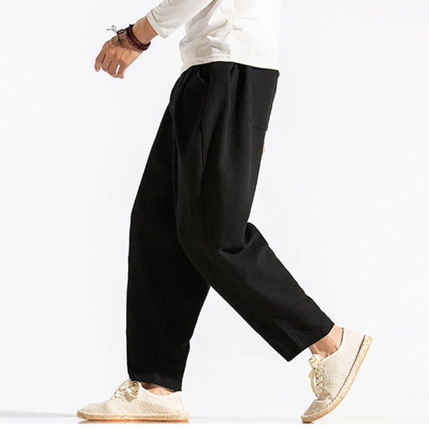 Buddha Stones Casual Pure Color Men's Jacquard Cotton Linen Harem Pants With Pockets - image 23