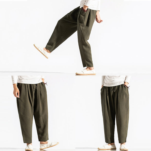 Buddha Stones Casual Pure Color Men's Jacquard Cotton Linen Harem Pants With Pockets - image 6