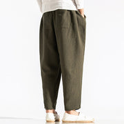 Buddha Stones Casual Pure Color Men's Jacquard Cotton Linen Harem Pants With Pockets - image 5