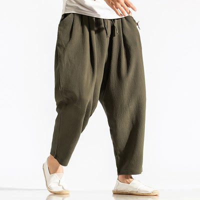 Buddha Stones Casual Pure Color Men's Jacquard Cotton Linen Harem Pants With Pockets - Olive - US/UK/AU48，EU58(5XL) - image 1