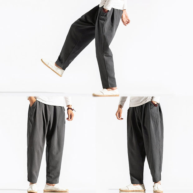 Buddha Stones Casual Pure Color Men's Jacquard Cotton Linen Harem Pants With Pockets - image 16