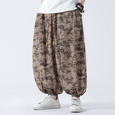 Buddha Stones Retro Casual Drawstring Design Floral Pattern Men's Harem Pants With Pockets - Tan - US/UK/AU48，EU58(5XL) - image 1