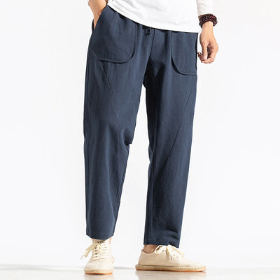 Buddha Stones Retro Casual Drawstring Design Men's Harem Cotton Plain Pants With Pockets - DarkBlue - US/UK/AU46，EU56 (5XL) - image 1