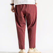Buddha Stones Retro Casual Drawstring Design Men's Harem Cotton Plain Pants With Pockets - image 11