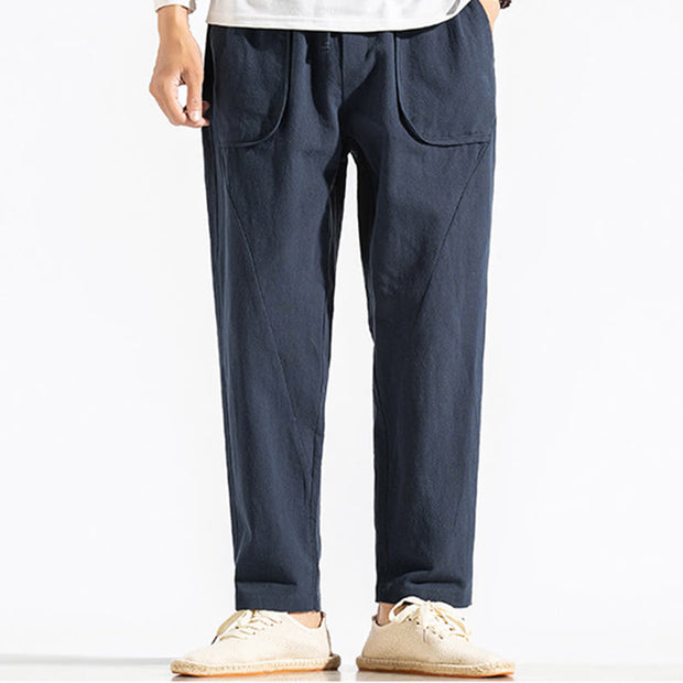 Buddha Stones Retro Casual Drawstring Design Men's Harem Cotton Plain Pants With Pockets - image 2