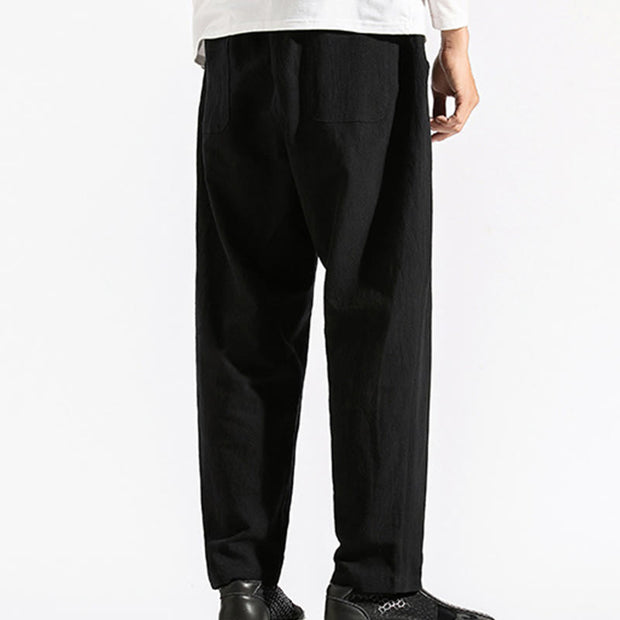 Buddha Stones Retro Casual Drawstring Design Men's Harem Cotton Plain Pants With Pockets - image 17
