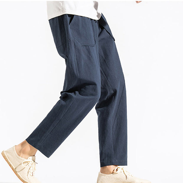 Buddha Stones Retro Casual Drawstring Design Men's Harem Cotton Plain Pants With Pockets - image 5