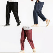 Buddha Stones Retro Casual Drawstring Design Men's Harem Cotton Plain Pants With Pockets - image 21