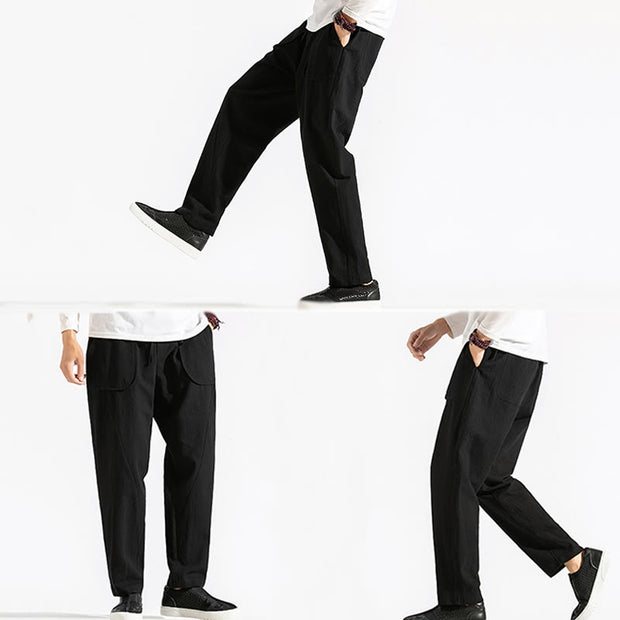 Buddha Stones Retro Casual Drawstring Design Men's Harem Cotton Plain Pants With Pockets - image 20