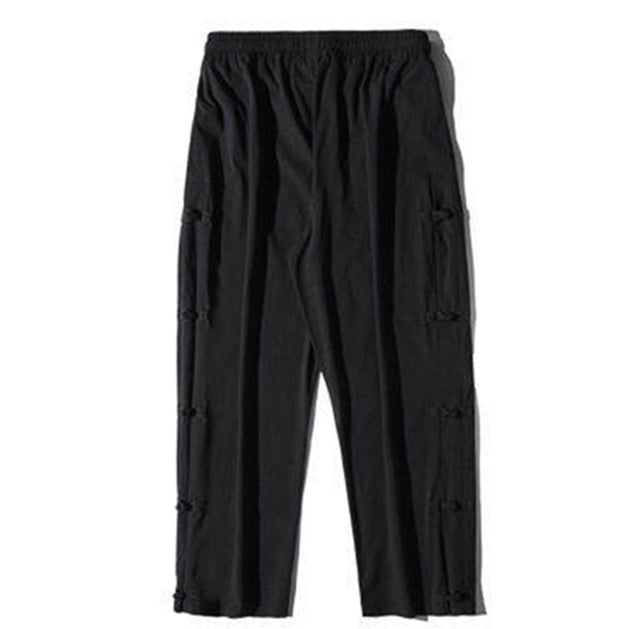 Buddha Stones Casual Patchwork Crane Pattern Frog-Button Design Men's Wide Leg Pants With Pockets - image 11