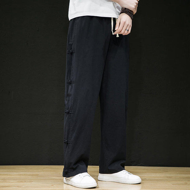 Buddha Stones Casual Patchwork Crane Pattern Frog-Button Design Men's Wide Leg Pants With Pockets - image 8