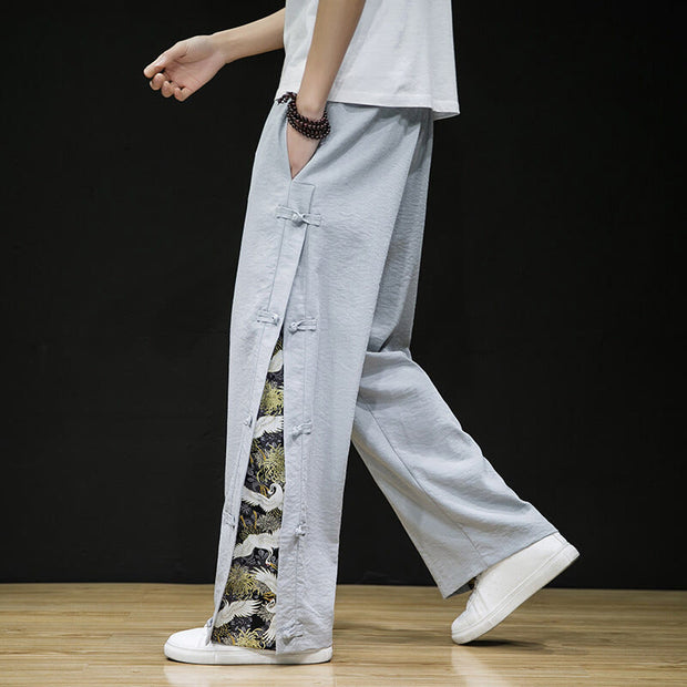 Buddha Stones Casual Patchwork Crane Pattern Frog-Button Design Men's Wide Leg Pants With Pockets - image 18