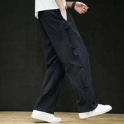 Buddha Stones Casual Patchwork Crane Pattern Frog-Button Design Men's Wide Leg Pants With Pockets - image 5