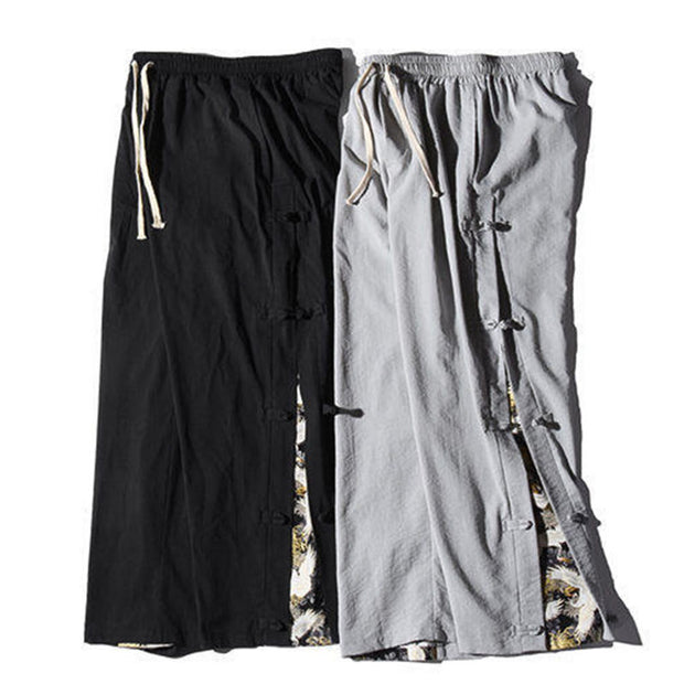 Buddha Stones Casual Patchwork Crane Pattern Frog-Button Design Men's Wide Leg Pants With Pockets - image 32