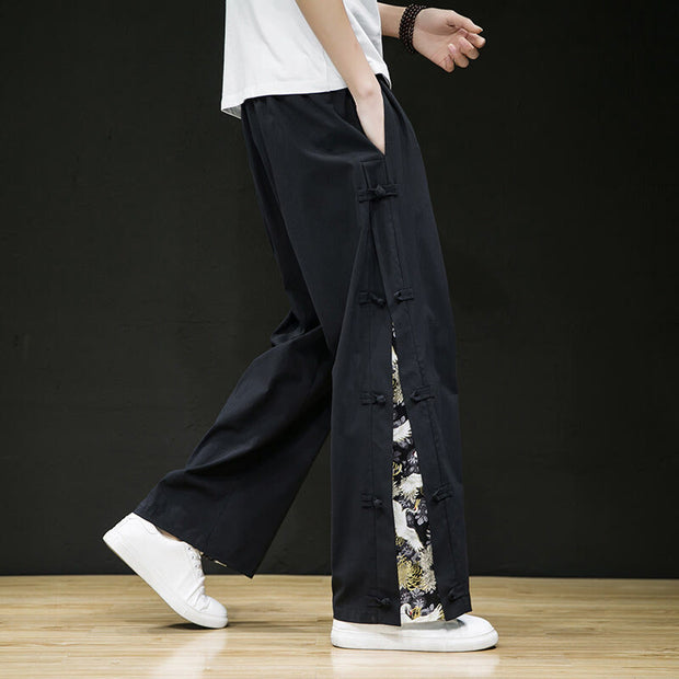Buddha Stones Casual Patchwork Crane Pattern Frog-Button Design Men's Wide Leg Pants With Pockets - image 6