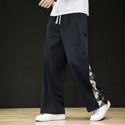 Buddha Stones Casual Patchwork Crane Pattern Frog-Button Design Men's Wide Leg Pants With Pockets - Black - US/UK/AU46，EU56 (5XL) - image 1