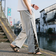 Buddha Stones Casual Patchwork Crane Pattern Frog-Button Design Men's Wide Leg Pants With Pockets - LightGrey - US/UK/AU46，EU56 (5XL) - image 12