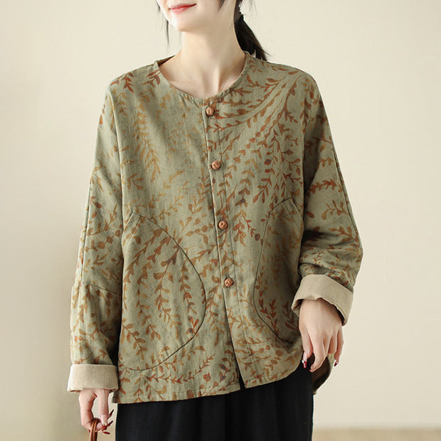 Buddha Stones Leaf Print Women's Cotton Linen Jacket With Pockets - image 2