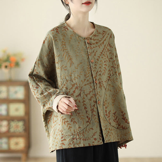 Buddha Stones Leaf Print Women's Cotton Linen Jacket With Pockets - image 5