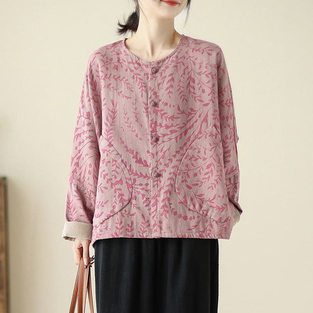 Buddha Stones Leaf Print Women's Cotton Linen Jacket With Pockets - PaleVioletRed - US14，UK/AU18，EU46 (2XL) - image 7