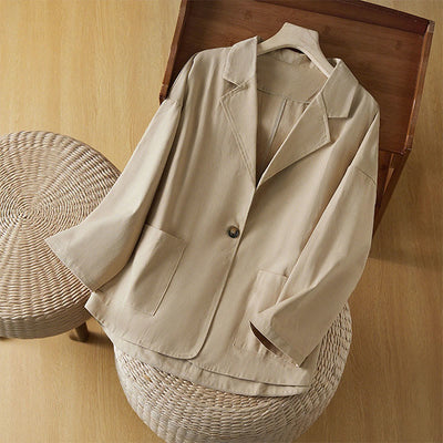 Buddha Stones Plain Button Women's Cotton Suit Jacket With Pockets - Wheat - US12，UK/AU16，EU44 (XL) - image 1