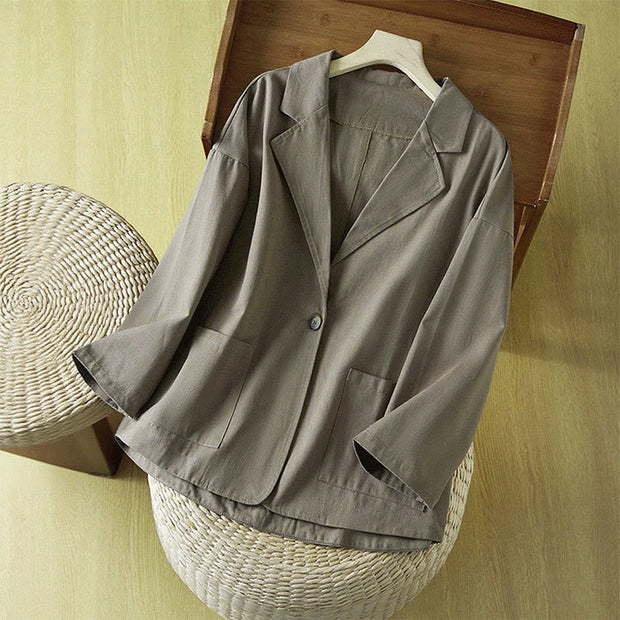 Buddha Stones Plain Button Women's Cotton Suit Jacket With Pockets - SlateGray - US12，UK/AU16，EU44 (XL) - image 15