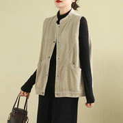 Buddha Stones Plain Sleeveless Women's Cotton Vest Corduroy Waistcoat With Pockets - image 2