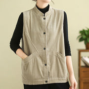 Buddha Stones Plain Sleeveless Women's Cotton Vest Corduroy Waistcoat With Pockets - image 6