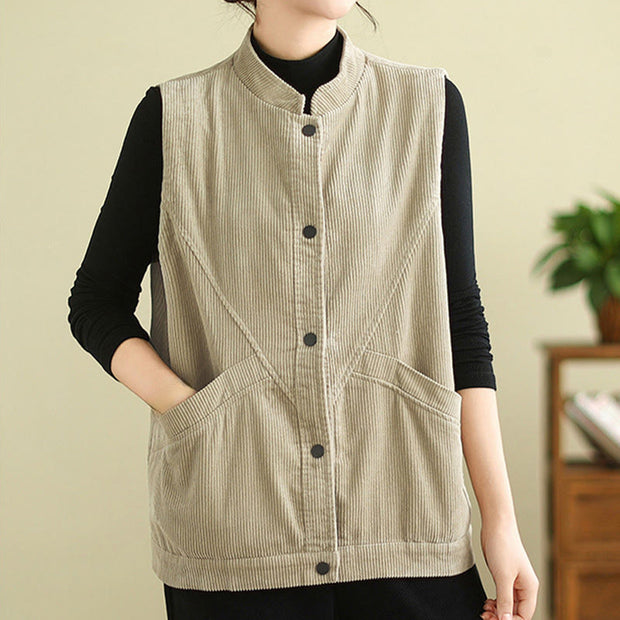 Buddha Stones Plain Sleeveless Women's Cotton Vest Corduroy Waistcoat With Pockets - image 6