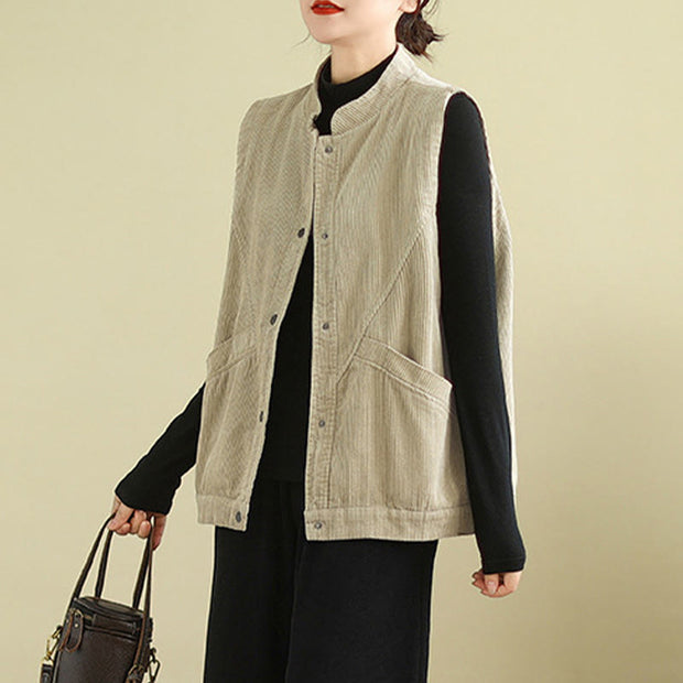 Buddha Stones Plain Sleeveless Women's Cotton Vest Corduroy Waistcoat With Pockets - image 2