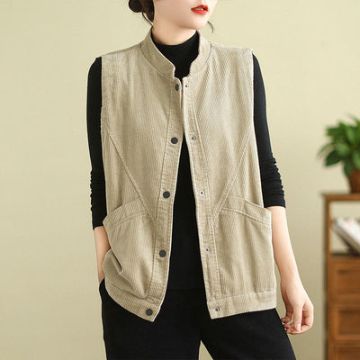 Buddha Stones Plain Sleeveless Women's Cotton Vest Corduroy Waistcoat With Pockets - Beige - US12，UK/AU16，EU44 (2XL) - image 1