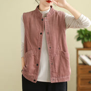 Buddha Stones Plain Sleeveless Women's Cotton Vest Corduroy Waistcoat With Pockets - image 14