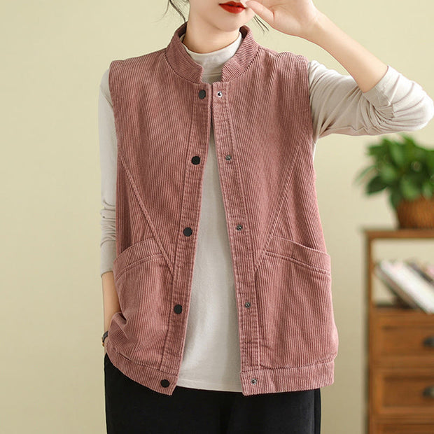 Buddha Stones Plain Sleeveless Women's Cotton Vest Corduroy Waistcoat With Pockets - image 14