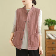 Buddha Stones Plain Sleeveless Women's Cotton Vest Corduroy Waistcoat With Pockets - PaleVioletRed - US12，UK/AU16，EU44 (2XL) - image 9