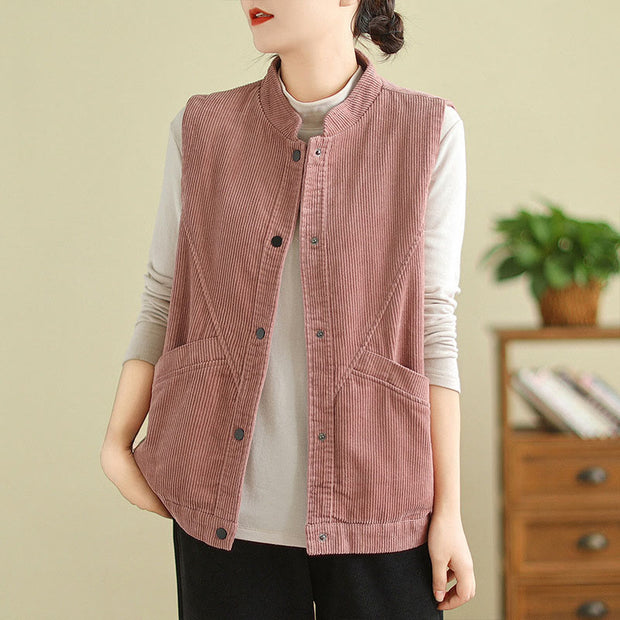 Buddha Stones Plain Sleeveless Women's Cotton Vest Corduroy Waistcoat With Pockets - PaleVioletRed - US12，UK/AU16，EU44 (2XL) - image 9
