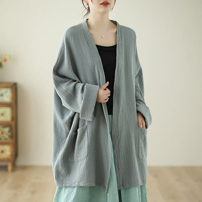 Buddha Stones Plain Long Sleeve Zen Meditation Cotton Linen Jacket With Pockets - DarkSeaGreen - US12，UK/AU16，EU44 (XL) - image 1