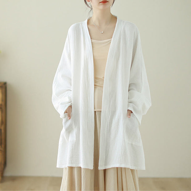 Buddha Stones Plain Long Sleeve Zen Meditation Cotton Linen Jacket With Pockets - White - US12，UK/AU16，EU44 (XL) - image 8