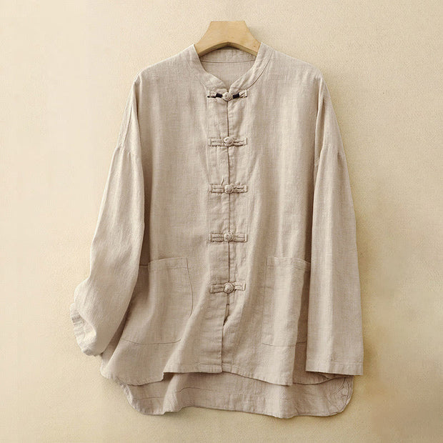Buddha Stones Literary Artistic Chinese Knot Button Casual Cotton Linen Clothing - Linen - US8-10，UK/AU12-14，EU40-42 (2XL) - image 1